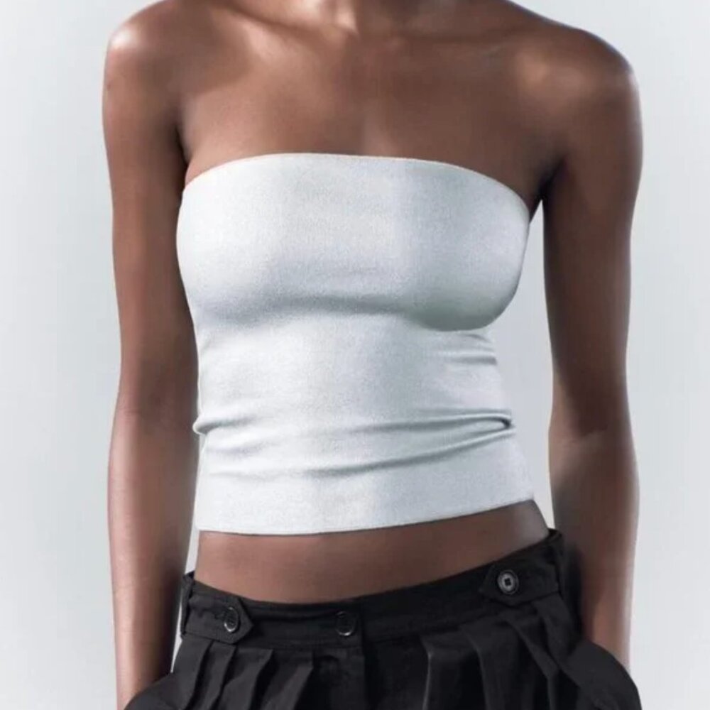 NWT ZARA STRETCH KNIT BANDEAU TOP SILVER